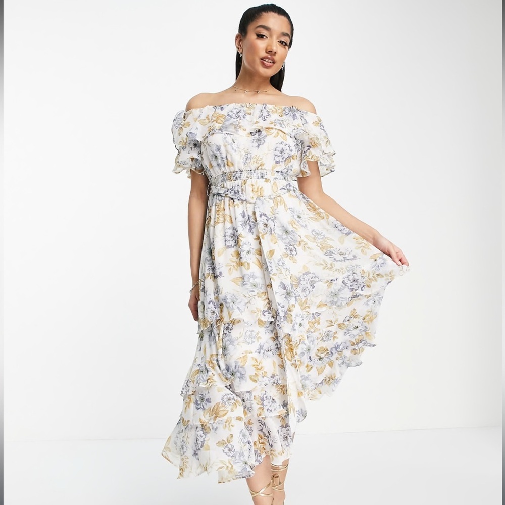 Ever New Petite bardot frill midi dress in blue floral